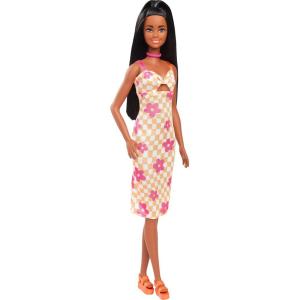 imageBarbie Fashionistas Doll 233 with Black Hair Wearing Checkered Orange and Pink Flower Midi Dress with Necklace and Sandals