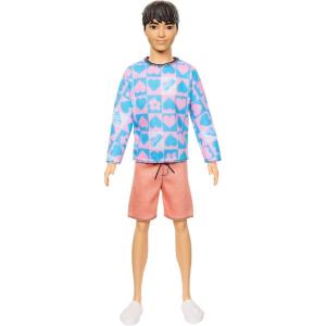 imageBarbie Fashionistas Ken Doll 219 with Slender Body Wearing a Removable LongSleeve Pink ampamp Blue Patterned Shirt with Shorts