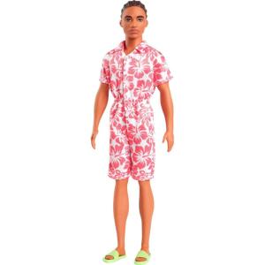imageBarbie Fashionistas Ken Doll 235 with Braided Brown Hair Wearing Coral Jumpsuit with Hawaiian Print and Green Sandals