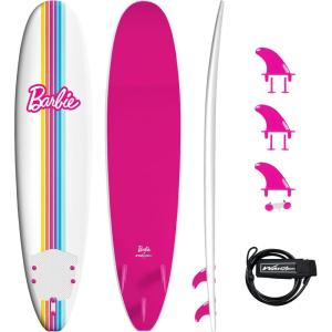imageBarbie Signature 8ft Surfboard by Wavestorm  Graphic top Deck with high Density Slick Bottom  for Kids and Adults Foam Construction with Accessories  Leg Leash and Fin Set IncludedWhiteBarbie Surfboard