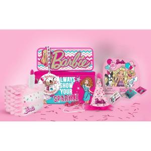 imageBarbie Birthday Party Gift Set  Tin Box Tin Pencil Case Stickers Birthday Necklace Plush and Birthday HatBarbie