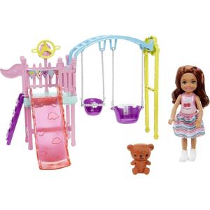 imageBarbie Club Chelsea Doll and Swing Set Playset with 2 Swings and Slide Plus Teddy Bear Figure Gift for 3 to 7 Year Olds
