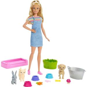 imageBarbie Play n Wash Pets Playset with 3 ColorChange Animals ampamp 10 Toy Accessories Blonde Fashion Doll with Blue EyesBlonde