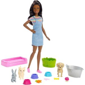 imageBarbie Play n Wash Pets Playset with 3 ColorChange Animals ampamp 10 Toy Accessories Blonde Fashion Doll with Blue EyesMulti