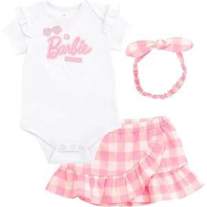 imageBarbie Baby Girls Bodysuit Ruffle Skirt and Bow Headband 3 Piece Outfit Set Newborn to InfantPink  White