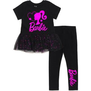 imageBarbie Girls Metallic Print Peplum TShirt and Pants Toddler to Big KidBlack  Pink Foil