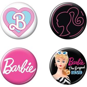 imageAtaBoy Barbie 4Piece Collectible Button Set  Features Heart B Logo Neon Barbie Silhouette Classic Barbie Logo and Original 1959 Barbie Designs
