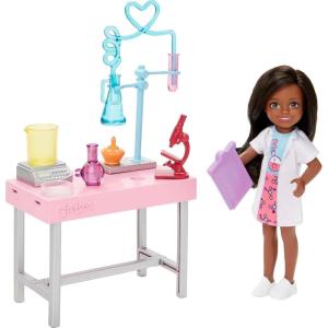 imageBarbie Chelsea Can Be Doll ampamp Playset Brunette Scientist Small Doll with Toy Chemistry Lab Table ampamp STEMThemed Accessories