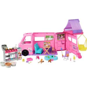 imageBarbie Dream Camper Playset with Roof Tent Swing Chair Fishing Pond BBQ Grill with ColorChange Feature ampamp 60 Accessories Including Dough