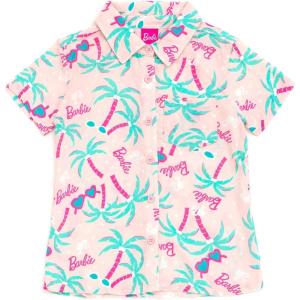 imageBarbie Girls Hawaiian Button Down Shirt Toddler to Big Kid Sizes 2T  1820Pink  Palm Trees