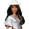 imageBarbie Fashionistas Doll 239 with Black Hair Wearing Sparkly Silver Fringe Dress with Western Accessories Like White Cowboy Hat and Boots