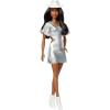 imageBarbie Fashionistas Doll 239 with Black Hair Wearing Sparkly Silver Fringe Dress with Western Accessories Like White Cowboy Hat and Boots