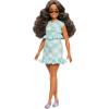 imageBarbie Fashionistas Doll 240 with Wavy Dark Brown Hair Wearing Minty Green Ruffled Gingham Dress Sunglasses and Lavender Heels Accessories
