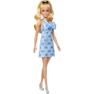 imageBarbie Fashionistas Doll 237 with Wavy Blonde Ponytail Wearing Blue Bow Halter Dress Black Hair Bow Accessory and Matching Blue Heels