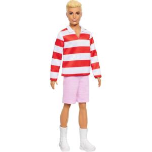 imageBarbie Fashionistas Ken Doll 241 with Blonde Hair Wearing Red and White Striped Polo Shirt with Pink Shorts White Crew Socks and Sneakers