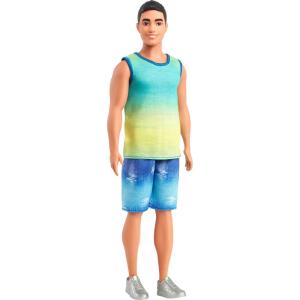 imageBarbie Fashionistas Ken Doll 236 with Black Hair Wearing Blue and Green Ombre Tank with Jean Shorts and Silver Sneakers