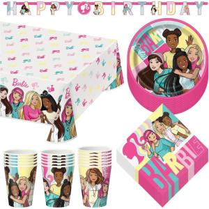 imageBarbie and Friends Pink Birthday Party Paper Dessert Plates Napkins Cups Table Cover and Happy Birthday Banner Decoration 16 Plates ampamp Napkins