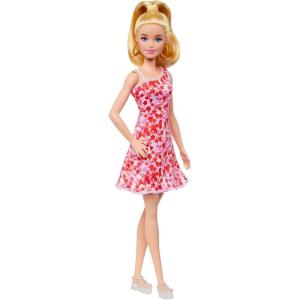 imageBarbie Fashionistas Doll 205 with Blonde Ponytail Wearing Removable Pink ampamp Red Floral Dress Platform Sandals ampamp Hoop Earrings