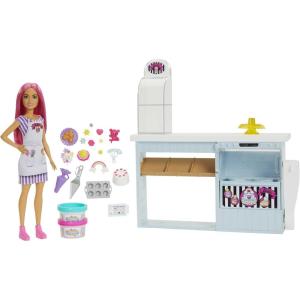 imageBarbie Careers Playset Bakery Set with PinkHaired Petite Fashion Baker Doll Baking Station CakeMaking Molds ampamp Dough ampamp 20 Accessories