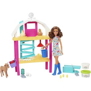 imageBarbie Careers Playset Hatch ampamp Gather Egg Farm with Brunette Farmer Fashion Doll Hatching Molds ampamp Dough Chicken Coop 10 Animals ampamp Accessories