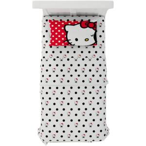 imageFranco Collectibles Barbie Logo Bedding Super Soft Cozy Microfiber 4 Piece Full Sheet Set Officially Licensed ProductHello Kitty Polka Dots