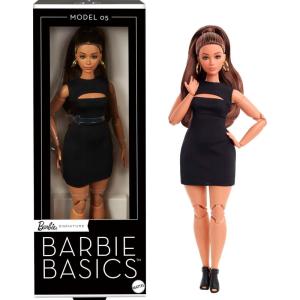 imageBarbie Basics Model 02 Collector Doll with Blonde Hair Black Mini Dress ampamp Gladiator Boots Universalfit Fashions Posable Body ampamp Swappable Doll HeadBrunette Long Hair