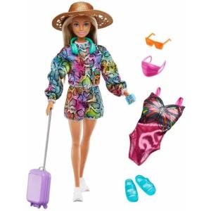 imageBarbie Doll ampamp Accessories Set Holiday Fun Summer Travel Fashion Doll Blonde with Rainbow Jogger Top ampamp Shorts Swimsuit Luggage ampamp More