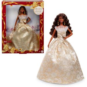 imageBarbie Signature 2025 Holiday Black Hair Fashion Doll Wearing Silver ampamp Gold Gown Seasonal Collector in Displayable Packaging ampamp Stand