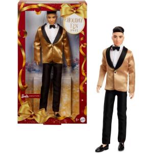 imageBarbie Signature 2025 Holiday Black Hair Ken Collectible Fashion Doll Wearing Full Suit with Golden Jacket in Displayable Packaging ampamp Doll Stand
