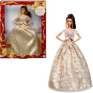 imageBarbie Signature 2025 Holiday Light Brown Hair Fashion Doll Wearing Silver ampamp Gold Gown Seasonal Collector in Displayable Packaging ampamp Stand