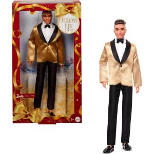 imageBarbie Signature 2025 Holiday Light Brown Hair Ken Collectible Fashion Doll Wearing Full Suit with Golden Jacket in Displayable Packaging ampamp Doll Stand