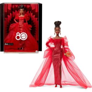 imageBarbie Signature Doll Mattel 80th Anniversary Collectible in Glittery Red Tulle Gown with Drop Earrings and Sheer Gloves Brunette