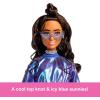 imageBarbie Deluxe Style Doll 6 in Metallic Coral Pink Dress with Bubble Hem Black Hair in Ponytail Accessories Like Sunglasses Jewelry and HandbagMetallic Blue Dress