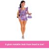 imageBarbie Deluxe Style Doll 6 in Metallic Coral Pink Dress with Bubble Hem Black Hair in Ponytail Accessories Like Sunglasses Jewelry and HandbagMetallic Purple Top and Shorts