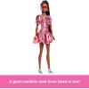 imageBarbie Deluxe Style Doll 6 in Metallic Coral Pink Dress with Bubble Hem Black Hair in Ponytail Accessories Like Sunglasses Jewelry and HandbagMetallic Pink Dress