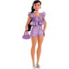 imageBarbie Deluxe Style Doll 6 in Metallic Coral Pink Dress with Bubble Hem Black Hair in Ponytail Accessories Like Sunglasses Jewelry and HandbagMetallic Purple Top and Shorts