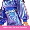 imageBarbie Deluxe Style Doll 6 in Metallic Coral Pink Dress with Bubble Hem Black Hair in Ponytail Accessories Like Sunglasses Jewelry and HandbagMetallic Blue Dress