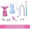 imageBarbie Fun ampamp Fancy Doll ampamp Accessories Blonde Fashion Doll with ExtraLong Hair ampamp 2 Looks Including Silver Metallic Dress ampamp Hair ExtensionBrunettePink Hair