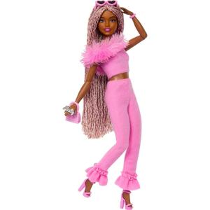 imageBarbie Deluxe Style Doll 3 in Barbiecore Outfit Blond Hair in Top Knot Pink Pastel Dress with Oversized Bow and Accessories Like Mesh TightsPink  Brown Braids