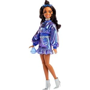 imageBarbie Deluxe Style Doll 6 in Metallic Coral Pink Dress with Bubble Hem Black Hair in Ponytail Accessories Like Sunglasses Jewelry and HandbagMetallic Blue Dress