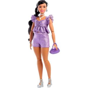imageBarbie Deluxe Style Doll 6 in Metallic Coral Pink Dress with Bubble Hem Black Hair in Ponytail Accessories Like Sunglasses Jewelry and HandbagMetallic Purple Top and Shorts