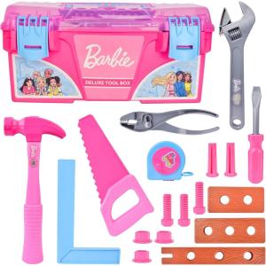 imageBarbie Tool Box Playset  18 Piece Deluxe Tool Set Pretend Play Construction Tools with Tape Measure Girls Pink Tool Box with Handle Perfect Preschool Role Play Toy for Kids
