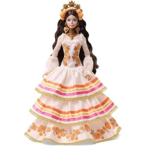 imageBarbie Signature Doll Da De Muertos 2025 Collectible in Ruffled Cream Gown Trimmed with Marigolds and Ribbon Flower Crown and Calavera Face Paint