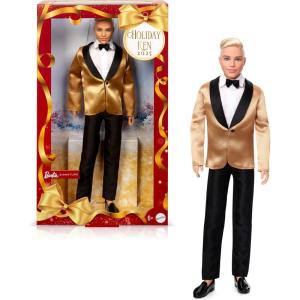 imageBarbie Signature 2025 Holiday Dark Brown Hair Ken Collectible Fashion Doll Wearing Full Suit with Golden Jacket in Displayable Packaging ampamp Doll StandBlonde
