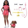 imageBarbie Twinning Looks Doll with Pet Dog in Matching Red Striped Clothes and Accessories for Both like Sunglasses and Headbands Wavy Black HairRed Stripes