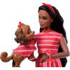 imageBarbie Twinning Looks Doll with Pet Dog in Matching Red Striped Clothes and Accessories for Both like Sunglasses and Headbands Wavy Black HairRed Stripes