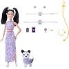 imageBarbie Twinning Looks Doll with Pet Dog in Matching Red Striped Clothes and Accessories for Both like Sunglasses and Headbands Wavy Black HairWhite Flowers