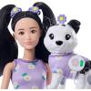 imageBarbie Twinning Looks Doll with Pet Dog in Matching Red Striped Clothes and Accessories for Both like Sunglasses and Headbands Wavy Black HairWhite Flowers