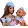 imageBarbie Twinning Looks Doll with Pet Dog in Matching Red Striped Clothes and Accessories for Both like Sunglasses and Headbands Wavy Black HairWhite Polka Dots