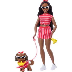 imageBarbie Twinning Looks Doll with Pet Dog in Matching Red Striped Clothes and Accessories for Both like Sunglasses and Headbands Wavy Black HairRed Stripes